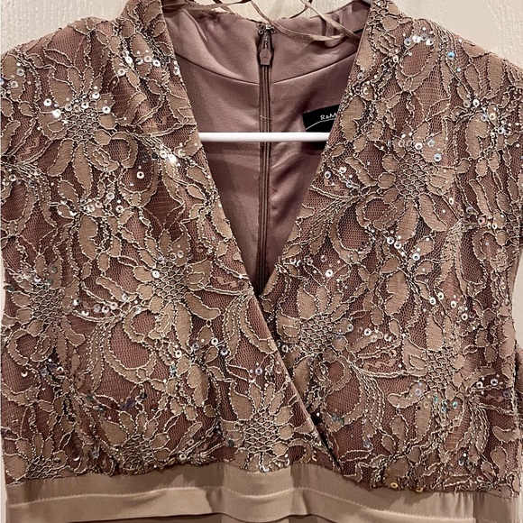 R&M Richard’s Taupe lace bodice with sequin padded chest tiered skirt. Size 12P - Picture 2 of 5